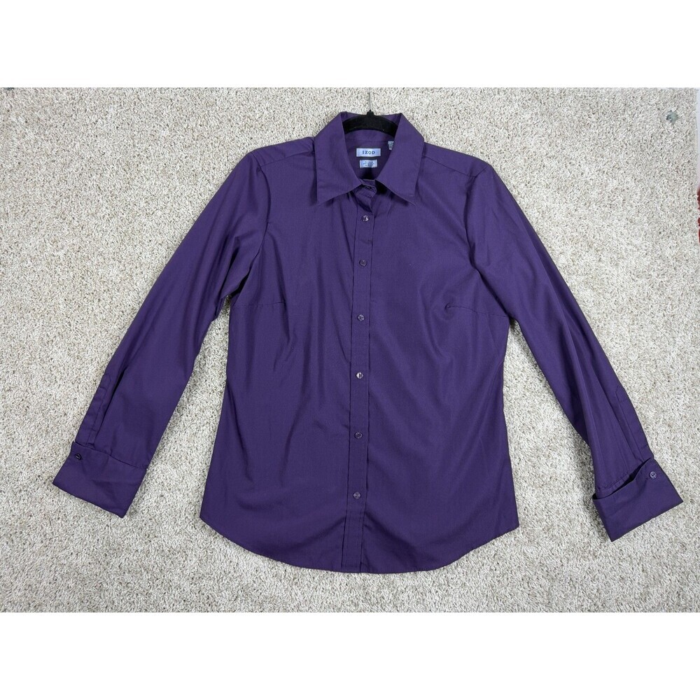 IZOD Purple No Iron Button Front Shirt Womens Medium Long Sleeve Career Top